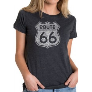 LA Pop Art Women's Premium Blend Word Art T-Shirt- Cities Along The Legendary Route 66 