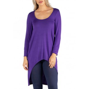 24seven Comfort Apparel Women's Long Sleeve High Low Rounded Hemline Tunic Top 
