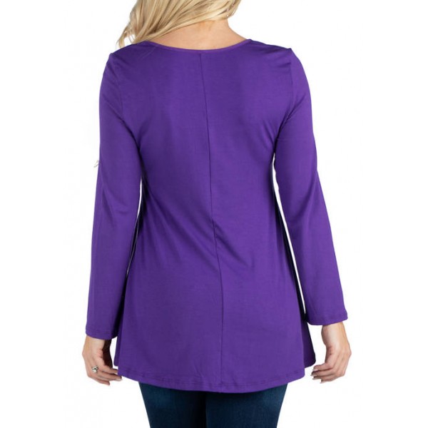 24seven Comfort Apparel Women's Long Sleeve Solid Color Swing Style Flared Tunic Top