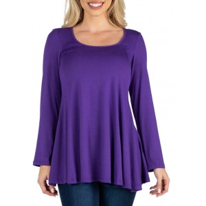 24seven Comfort Apparel Women's Long Sleeve Solid Color Swing Style Flared Tunic Top 