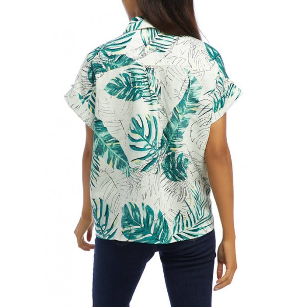 THE LIMITED Junior's Short Sleeve Tropical Print Linen Shirt
