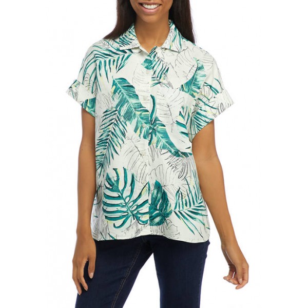 THE LIMITED Junior's Short Sleeve Tropical Print Linen Shirt