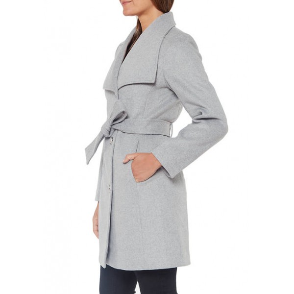 Vince Camuto Button Front Belted Wrap Wool Blend Coat