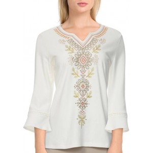 Alfred Dunner Women's 3/4 Bell Sleeve Center Embroidery Top 