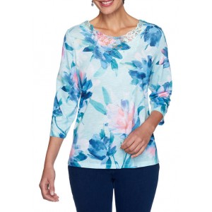 Alfred Dunner Women's Denim Friendly Watercolor Floral Knit Top 