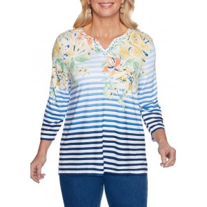 Alfred Dunner Women's Lazy Daisy Striped Floral Yoke Top 