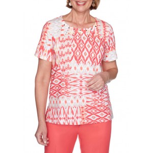 Alfred Dunner Women's Look On The Brightside Ikat Patch Print Top 