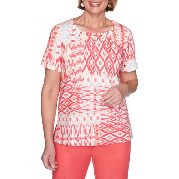 Alfred Dunner Women's Look On The Brightside Ikat Patch Print Top
