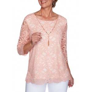 Alfred Dunner Women's Springtime in Paris Floral Lace Top with Necklace 