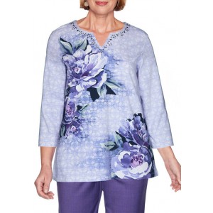 Alfred Dunner Women's Wisteria Lane Asymmetric Floral Texture Top 