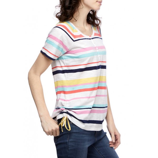 Kim Rogers® Women's Short Raglan Sleeve Henley Striped Cotton Shirt