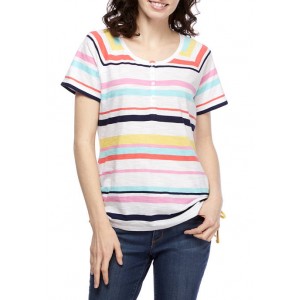 Kim Rogers® Women's Short Raglan Sleeve Henley Striped Cotton Shirt 