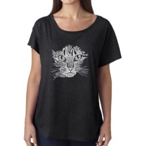 LA Pop Art Loose Fit Dolman Cut Word Art Shirt - Cat Face 