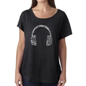 LA Pop Art Loose Fit Dolman Cut Word Art T-Shirt - Headphones - Languages 