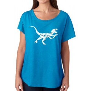 LA Pop Art Loose Fit Dolman Cut Word Art T-Shirt - Velociraptor 