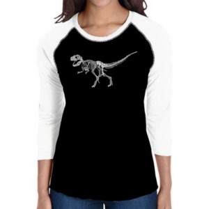 LA Pop Art Raglan Baseball Word Art T-Shirt - Dinosaur T-Rex Skeleton 