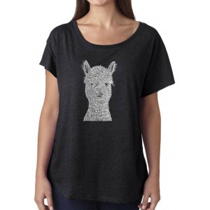 LA Pop Art Women's Loose Fit Dolman Cut Word Art Graphic Shirt - Alpaca