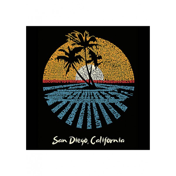 LA Pop Art Women's Loose Fit Dolman Cut Word Art Graphic Shirt - Cities In San Diego