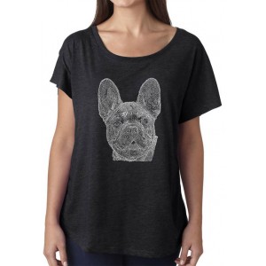 LA Pop Art Women's Loose Fit Dolman Cut Word Art Graphic Shirt - French Bulldog 