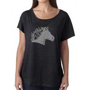 LA Pop Art Women's Loose Fit Dolman Cut Word Art Graphic Shirt - Horse Mane 