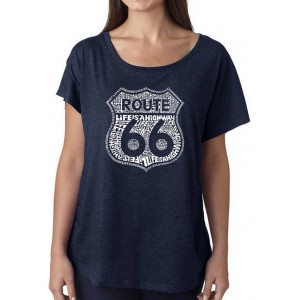 LA Pop Art Women's Loose Fit Dolman Cut Word Art Graphic Shirt - Route 66 - Life is a Highway 