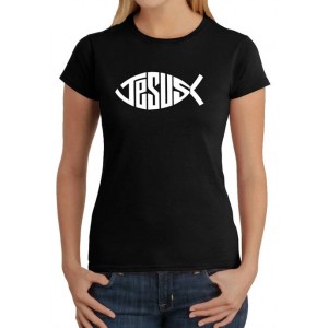 LA Pop Art Women's Word Art Graphic T-Shirt - Christian Jesus Name Fish Symbol 
