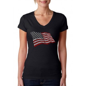 LA Pop Art Women's Word Art V-Neck Graphic T-Shirt - American Wars Tribute Flag 