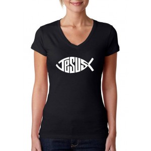 LA Pop Art Women's Word Art V-Neck T-Shirt - Christian Jesus Name Fish Symbol