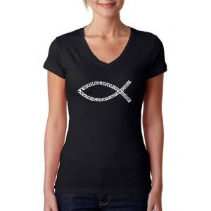 LA Pop Art Women's Word Art V-Neck T-Shirt - Jesus Loves You 