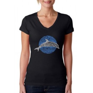 LA Pop Art Word Art V-Neck T-Shirt - Species of Dolphin 