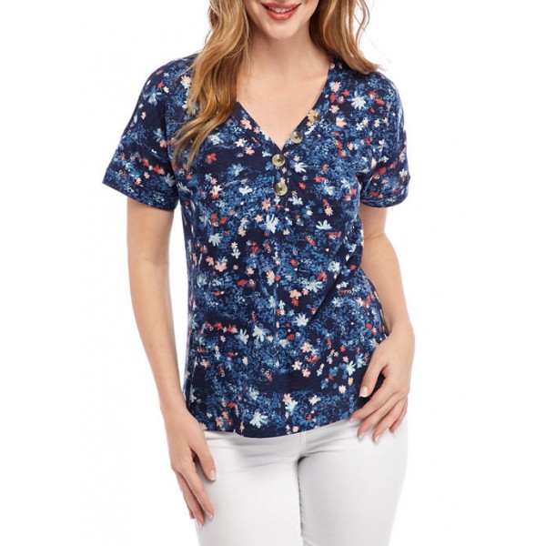 New Directions® Women's Button Front Printed T-Shirt