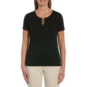 Rafaella Solid Short Sleeve Top With Split Neck And Ring Hardware 