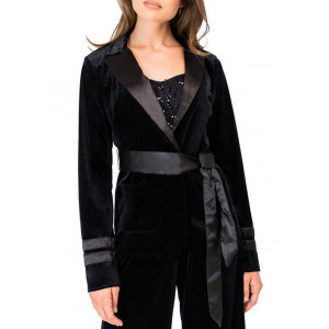 Standards and Practices Women's Lottie Stretch Velvet Wrap Smoking Jacket with Satin Lapel and Satin Belt 