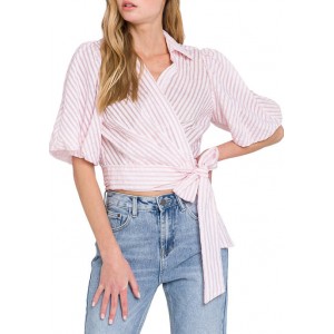 ENGLISH FACTORY Women's Puff Sleeve Striped Wrap Blouse 