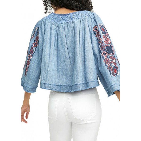 Free People Flare Sleeve Floral Embroidered Top