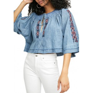 Free People Flare Sleeve Floral Embroidered Top
