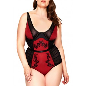 iCollection Plus Size Micro & Mesh Teddy with Ruching & Appliqué 