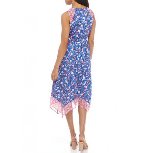 Vince Camuto Women's Sleeveless Mixed Print Asymmetrical Hem Midi Dress