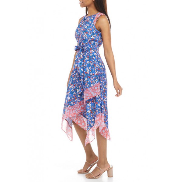 Vince Camuto Women's Sleeveless Mixed Print Asymmetrical Hem Midi Dress
