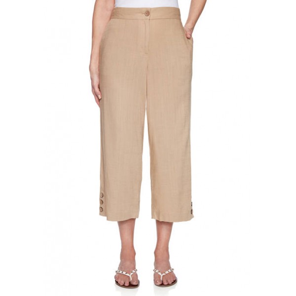 Ruby Rd Women's Golden Hour Fly-Front Classic Solid Laundered Linen Capris with Button Hem