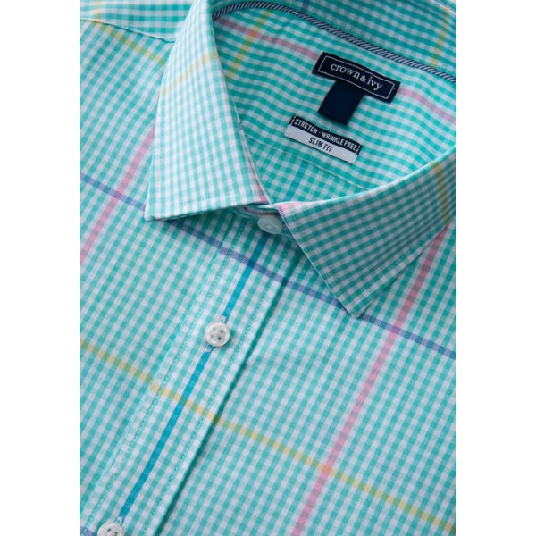 Crown & Ivy™ Long Sleeve Slim Motion Windowpane Twill Shirt