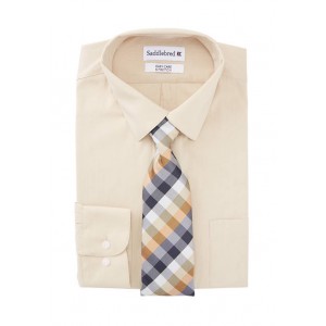 Saddlebred® 2 Piece Solid Shirt and Plaid Tie Set 