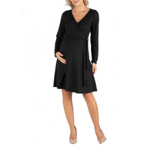 24seven Comfort Apparel Maternity Knee Length Long Sleeve Wrap Dress 