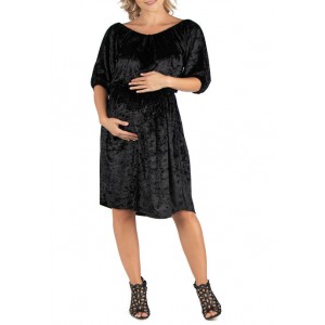 24seven Comfort Apparel Maternity Off Shoulder Knee Length Black Velvet Dress 