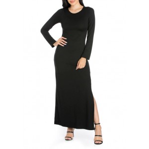 24seven Comfort Apparel Women's Long Sleeve Side Slit Fitted Black Maxi Dress 