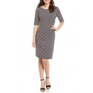 Connected Apparel Women's Elbow Sleeve Side Ruched Geometric Print Dress 