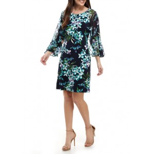 Connected Apparel Women's Flare Sleeve Floral Shift Dress 