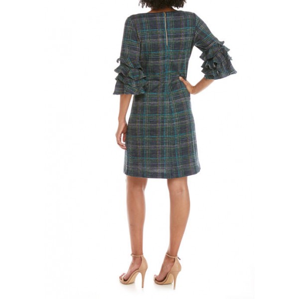 Gabby Skye Women's Ruffle Sleeve Plaid Hacci Dress