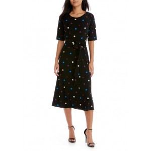 Nine West Women's Short Sleeve Dot Fit and Flare Midi Dress 