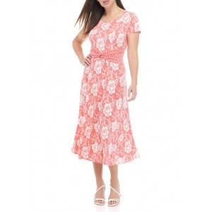 Perceptions Women's Short Sleeve Floral Twin Print Twist Waist Midi Dress 